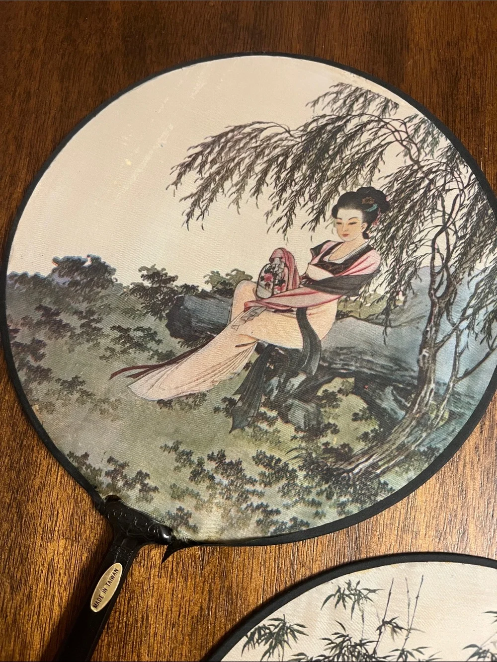 2 Vintage Traditional Asian Round Silk Wall Fans in Pink and Black
